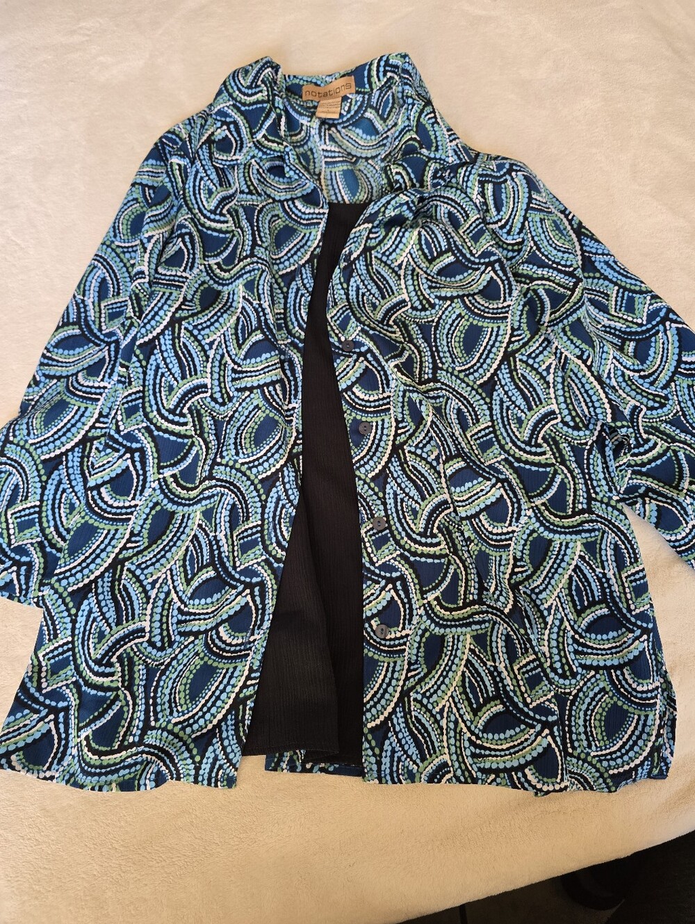 Notations Teal, Navy & Mint Patterned Open-Front Shirt Jacket